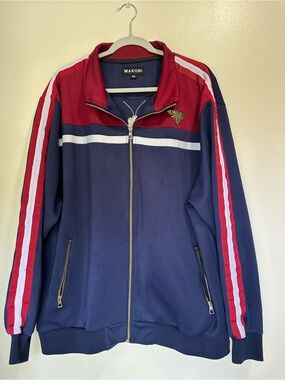 Makobi Men's Navy & Red Bomber Track Jacket with Bee Detail